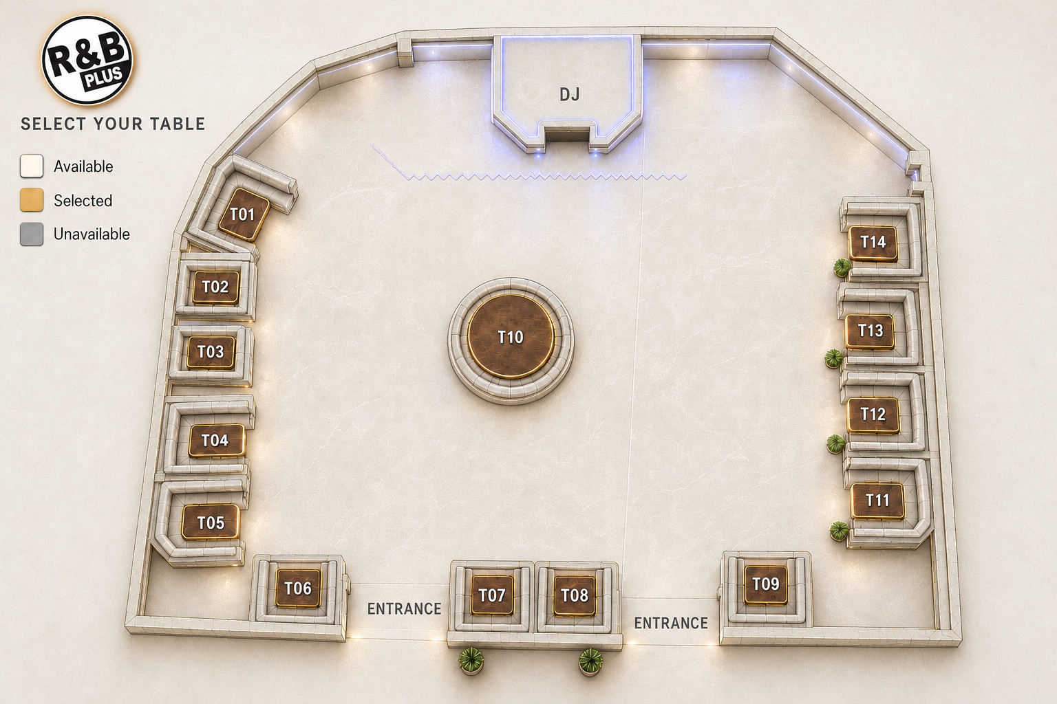 R&B Plus floor plan with fourteen numbered tables